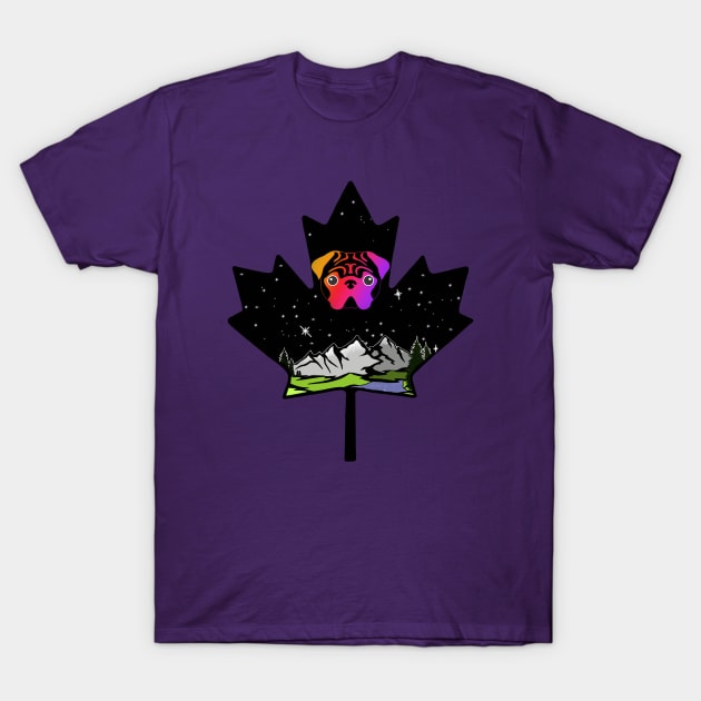 Canadian Maple Leaf Pug - Orange/Pink/Purple T-Shirt by Inugoya